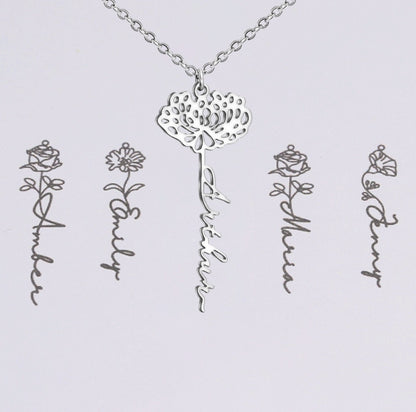 Customizable Name Titanium Steel Necklace with Birth Month Flower