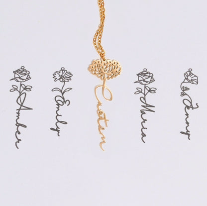 Customizable Name Titanium Steel Necklace with Birth Month Flower