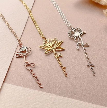 Customizable Name Titanium Steel Necklace with Birth Month Flower