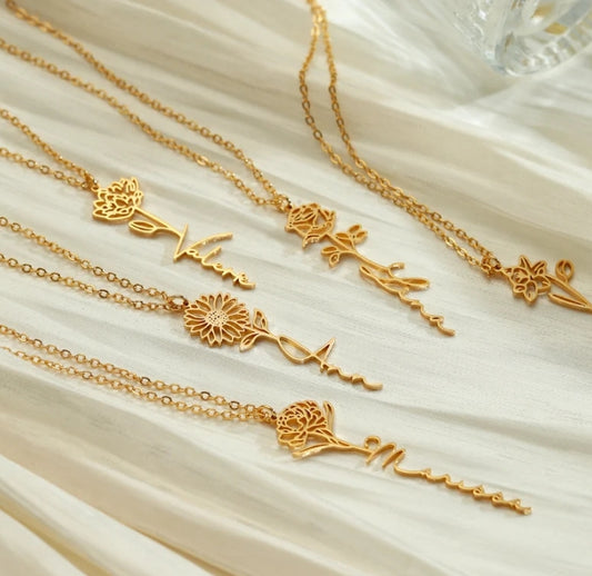 Customizable Name Titanium Steel Necklace with Birth Month Flower