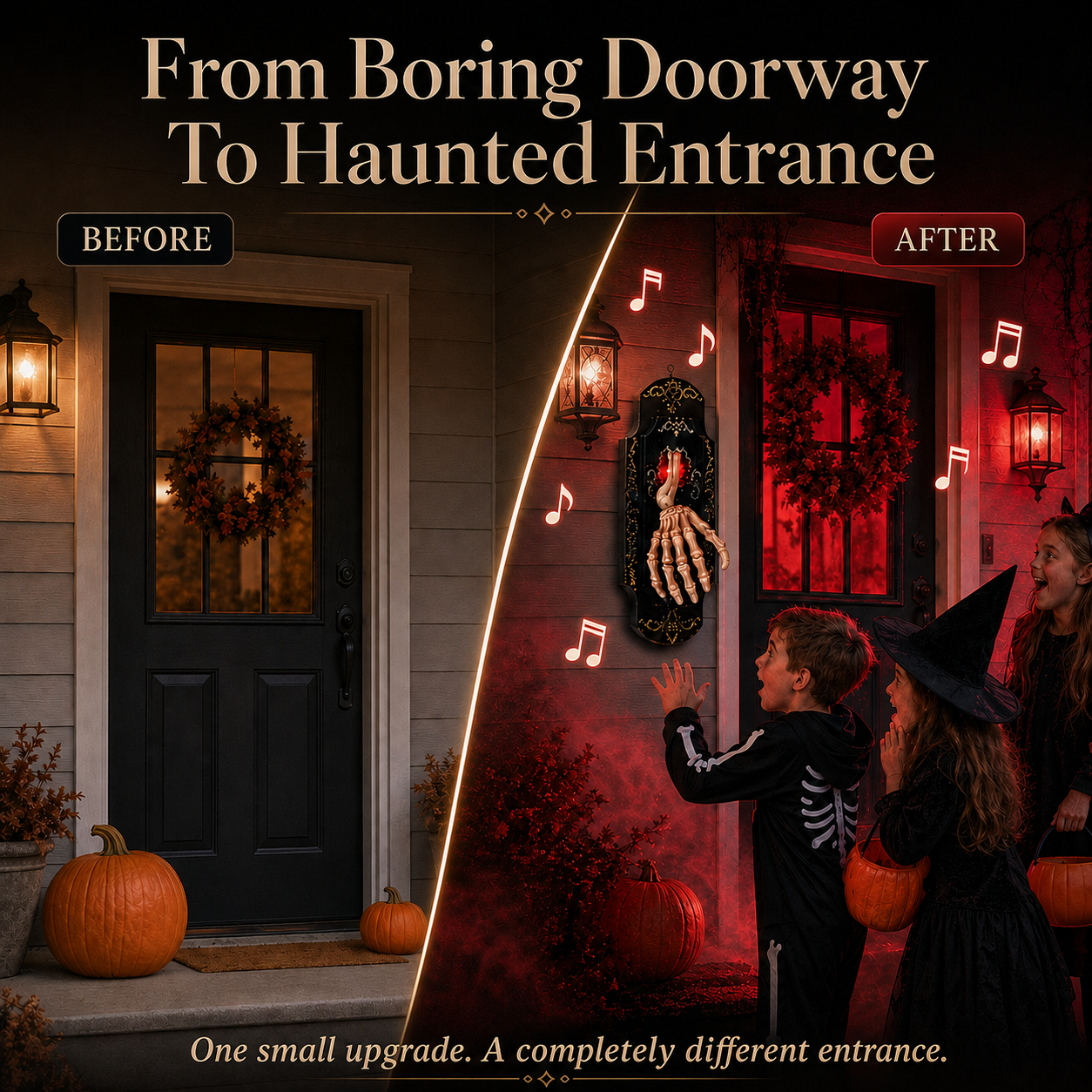 👻Halloween Hanging Doorbell Touch/Motion Activated Skeleton Hand Door Bell with Red Light Scary Sound Haunted House Decoration