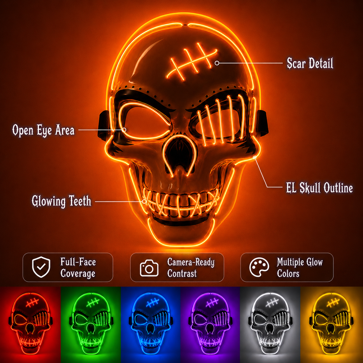 Masque Halloween LED  - Tête de Mort Lumineuse