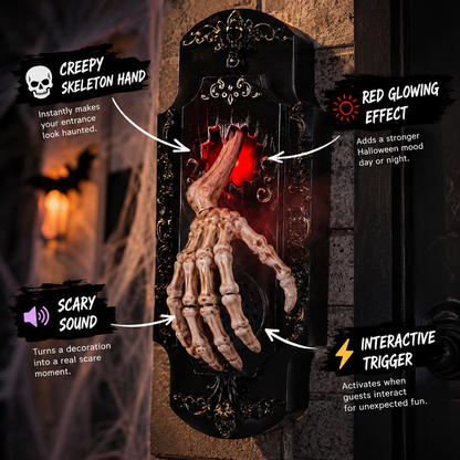 👻Halloween Hanging Doorbell Touch/Motion Activated Skeleton Hand Door Bell with Red Light Scary Sound Haunted House Decoration