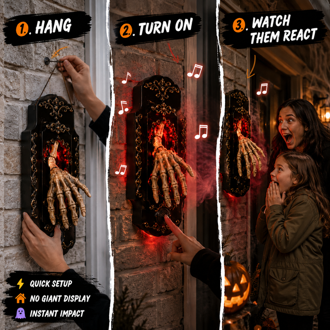 👻Halloween Hanging Doorbell Touch/Motion Activated Skeleton Hand Door Bell with Red Light Scary Sound Haunted House Decoration