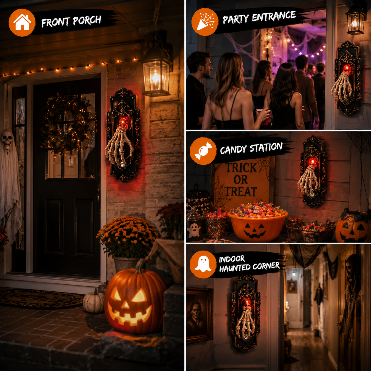👻Halloween Hanging Doorbell Touch/Motion Activated Skeleton Hand Door Bell with Red Light Scary Sound Haunted House Decoration