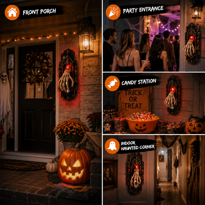 👻Halloween Hanging Doorbell Touch/Motion Activated Skeleton Hand Door Bell with Red Light Scary Sound Haunted House Decoration