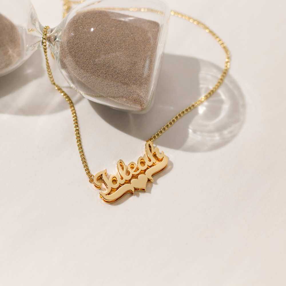 Rossie Double Plated Heart Name Necklace w/ Cuban Chain