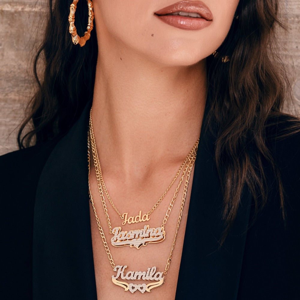 Diana Double Plated Pop Out Heart Name Necklace w/ Figaro Chain