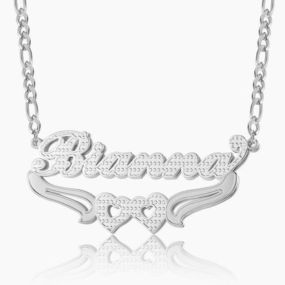 Fiona Double Plated Hearts Name Necklace w/ Figaro Chain