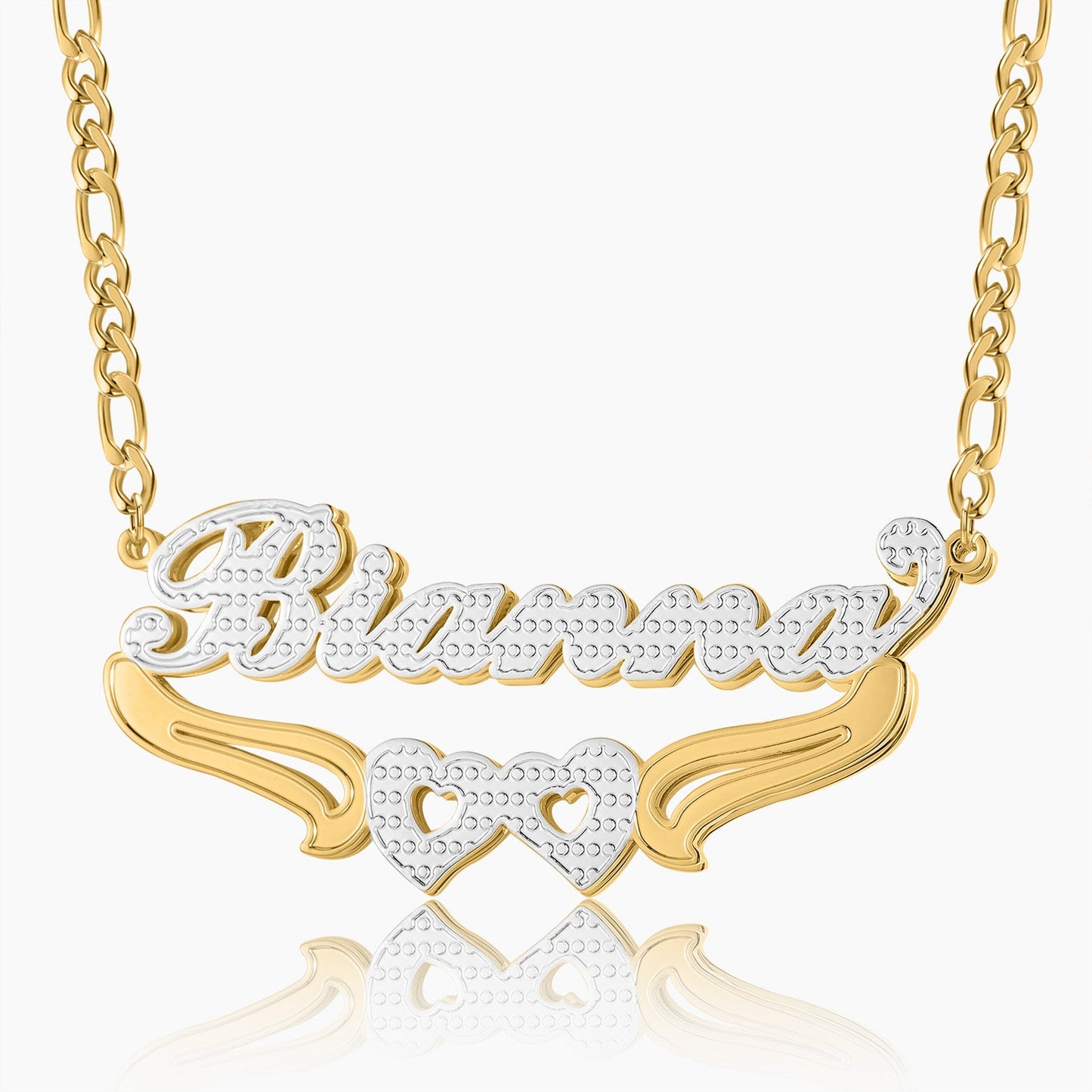 Fiona Double Plated Hearts Name Necklace w/ Figaro Chain