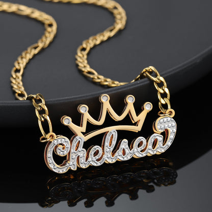 Charlotte Double Plated Crown Name Necklace w/ Figaro Chain