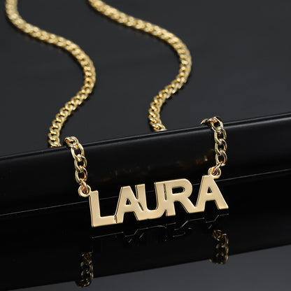 Laura Block Name Necklace w/ Cuban Chain