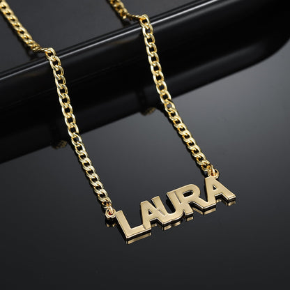 Laura Block Name Necklace w/ Cuban Chain