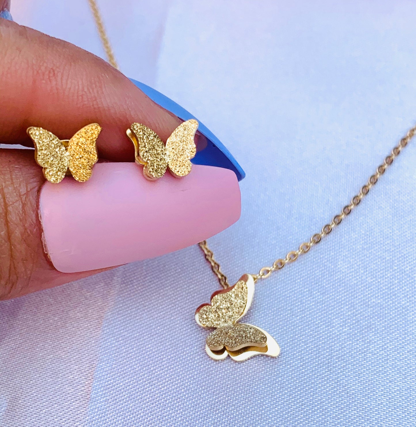 Abigail Frosted Double-layer Butterfly Necklace + Earrings