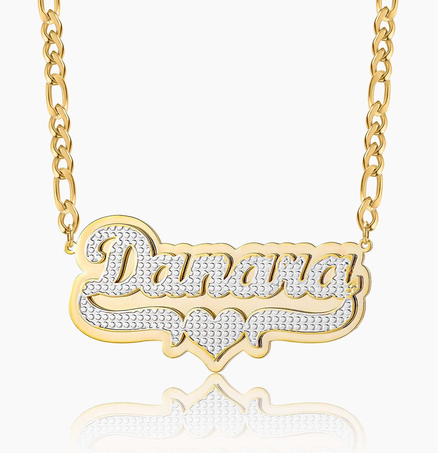 Diana Double Plated Pop Out Heart Name Necklace w/ Figaro Chain
