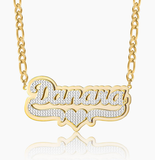 Diana Double Plated Pop Out Heart Name Necklace w/ Figaro Chain