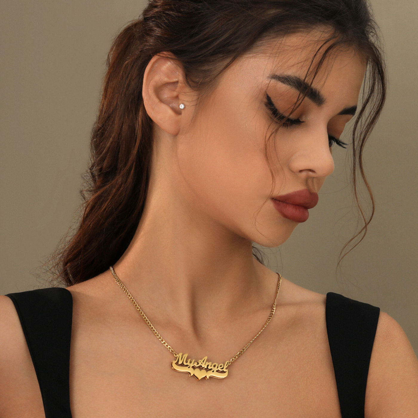 Rossie Double Plated Heart Name Necklace w/ Cuban Chain