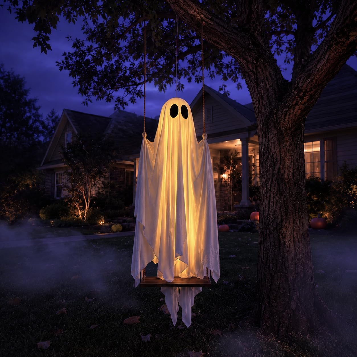 Elnuvo glowing hanging ghost displayed from a sturdy tree branch