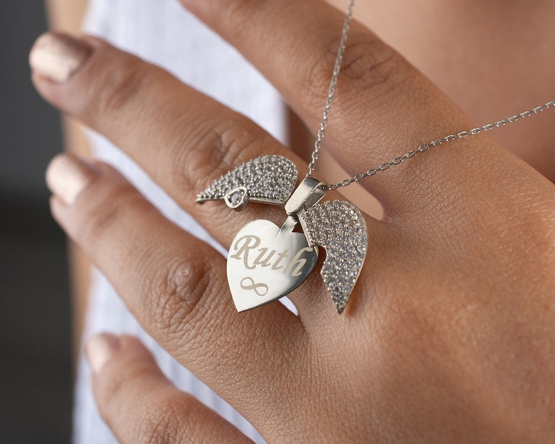 Piper Personalized Angel Wings Heart Necklace